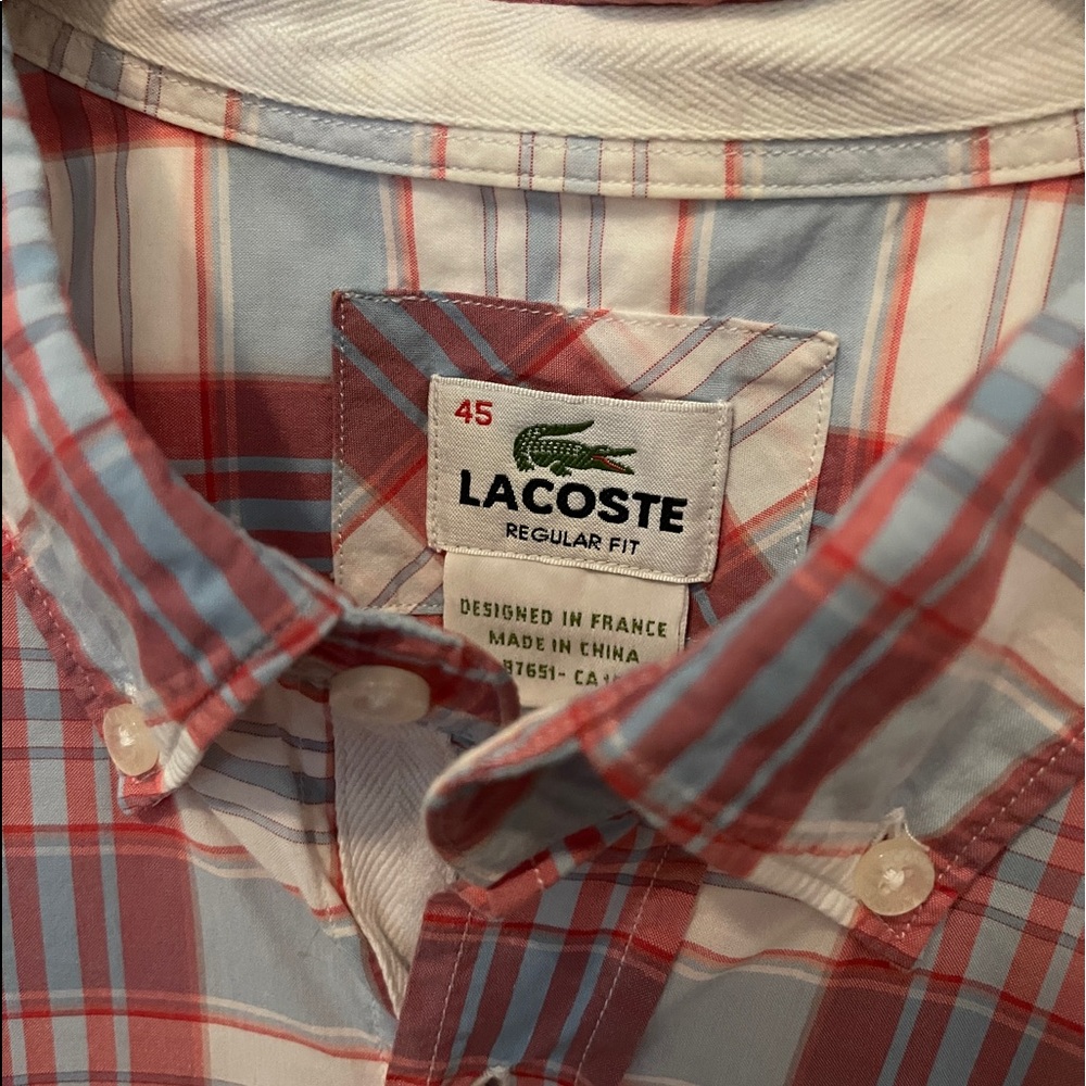 Lacoste Men’s Button Down Shirt Pastel Plaid Size 45 (XL/XXL)
